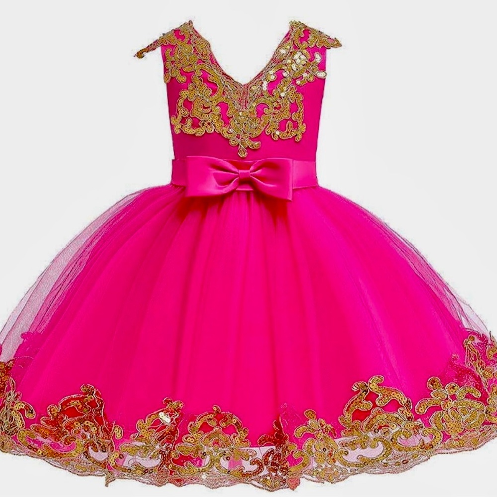 Pink Satin Tulle Vintage Gold Sequin Pageant Party Dress - Size 7 Kids
